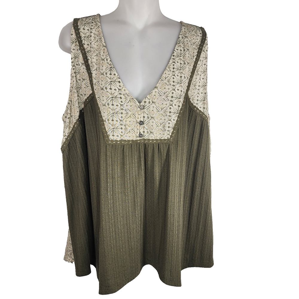 Daytrip Womens Pieced Henley Tank Top Olive Green V Neck Crochet Trim XL